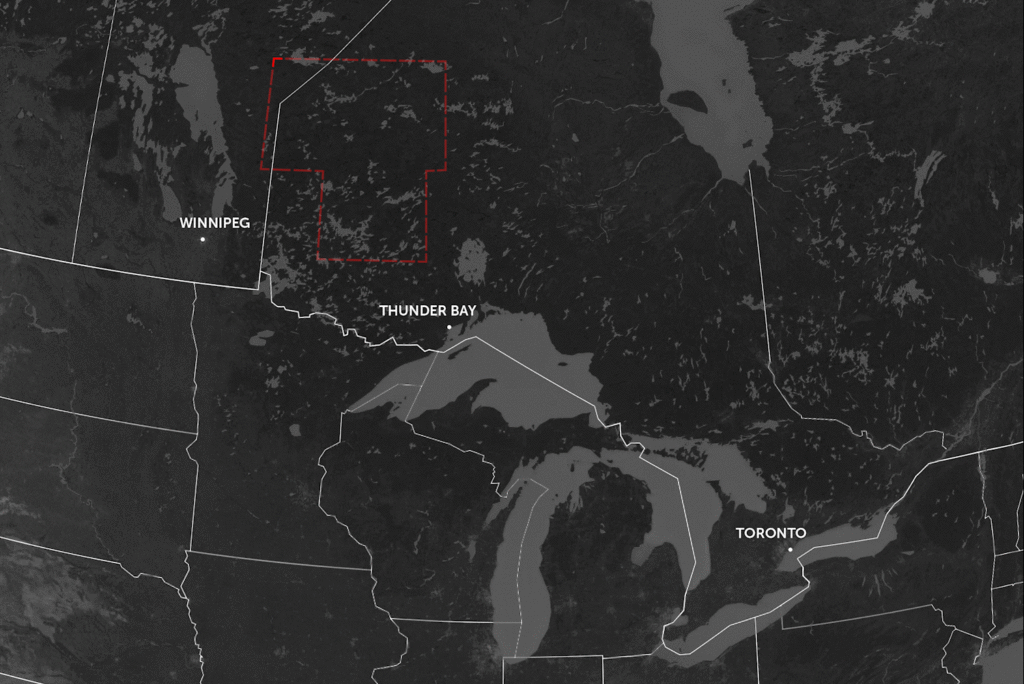 A map depicting the area above Thunder Bay where 24 First Nations are located. The map shows the areas between Winnipeg and Toronto.