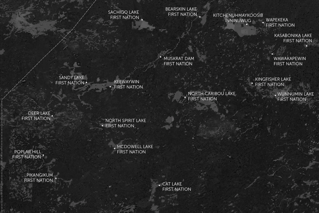 A map depicting the First Nations communities north of Cat Lake First Nation and Pikankigum and up till Sachigo First Lake Nation, showing Phase 2 of Wataynikaneyap Power's transmission line.