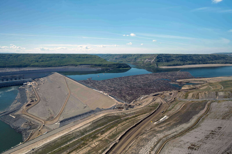 Site C dam after reservoir filling, looking upstream on the Peace River