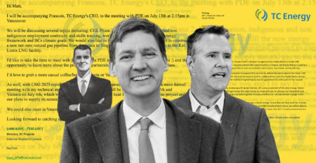 Illustration featuring images of B.C. Premier David Eby, TC Energy CEO Francois Poirier and former TC Energy executive Liam Illiffe