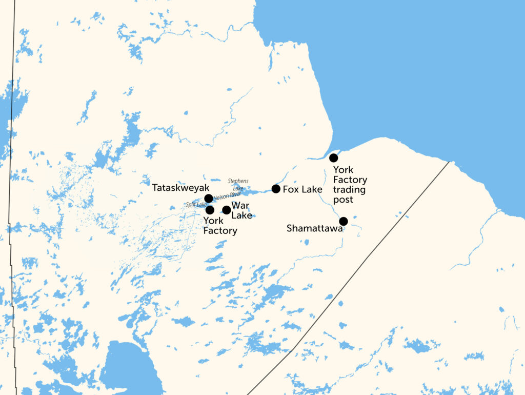 A map of Northeast Manitoba showing the locations of five First Nations.