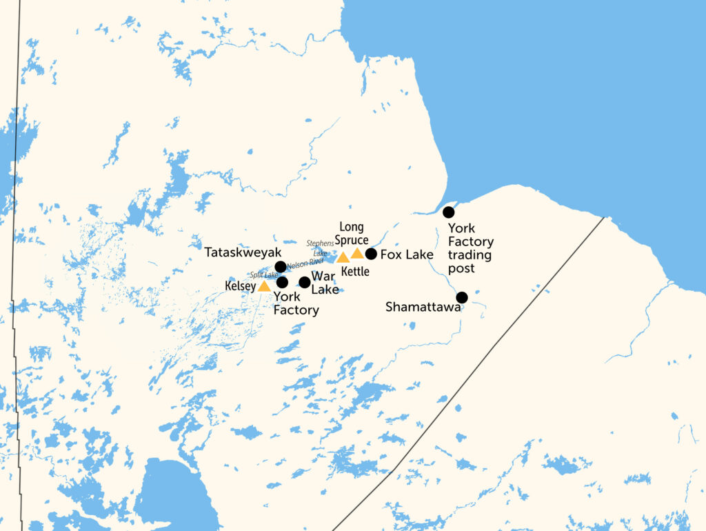 A map of Northeast Manitoba showing the locations of five First Nations.