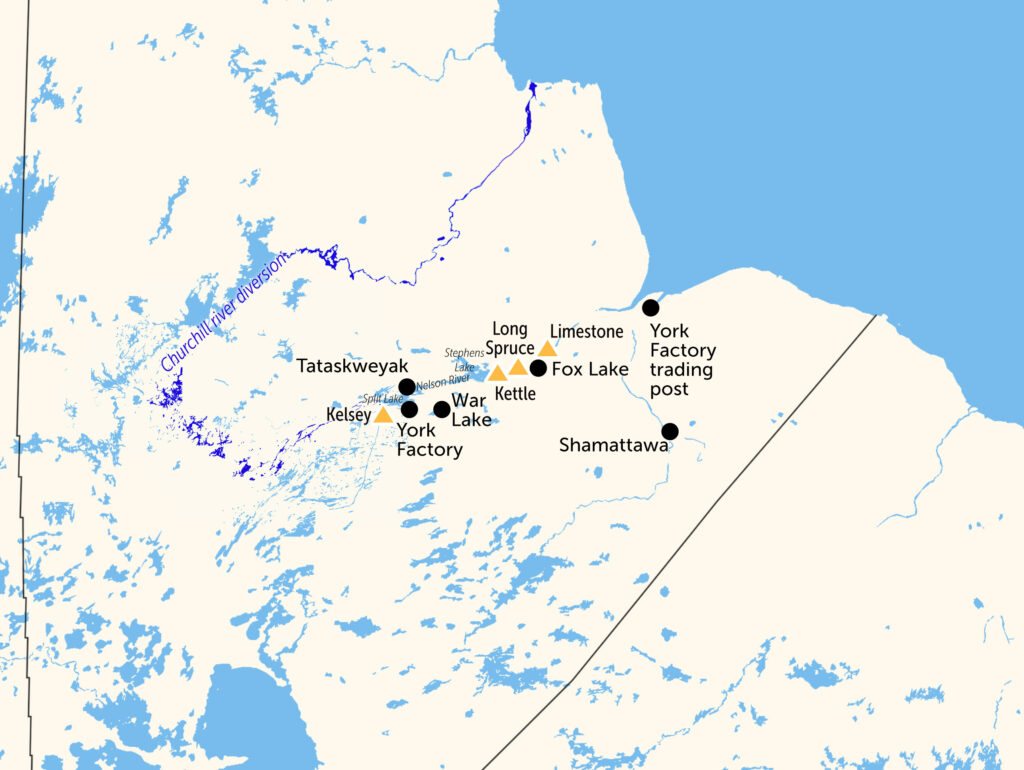 A map of Northeast Manitoba showing the locations of five First Nations and four hydroelectric dams.