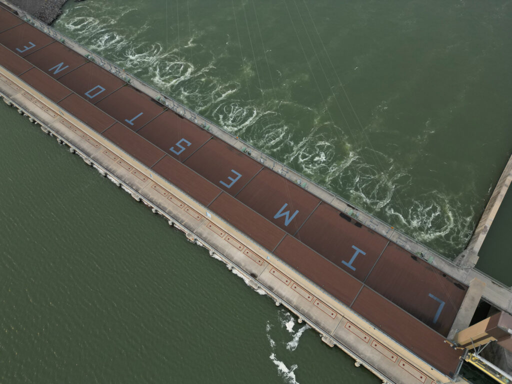 An aerial view of water swirling near the Manitoba Hydro Limestone Generating Station on the Nelson River