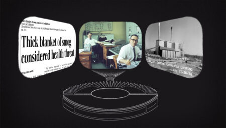 An illustration of a carouselwheel projecting three images, one headline about the health impacts of smog, an image of two men in an energy control room and a black-and-white image of a coal plant.