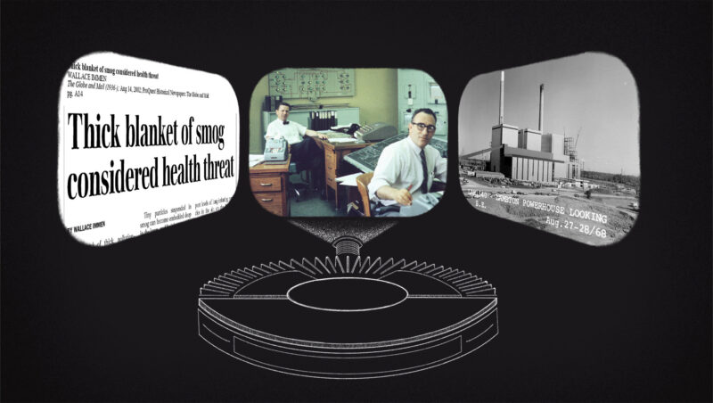 An illustration of a carouselwheel projecting three images, one headline about the health impacts of smog, an image of two men in an energy control room and a black-and-white image of a coal plant.
