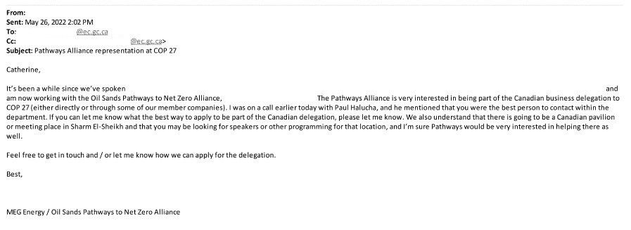 Email with a short message about joining Canada's delegation to the UN climate conference in 2022.