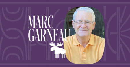 Marc Garneau photo illustration with his name, a pixellated moose and a photo on an eggplant background.