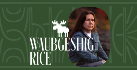 A photo of Anishinaabe novelist Waubgeshig Rice with his name and an icon of a Moose superimposed on top.