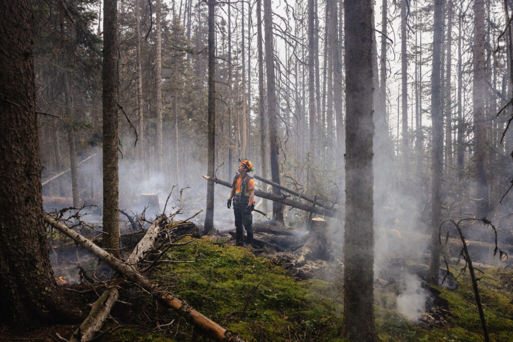 BC Wildfire Service firefighter standing in the smoking forest