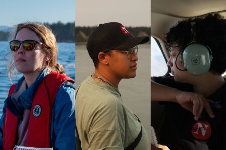Collage of three photos of Narwhal reporters out in the field