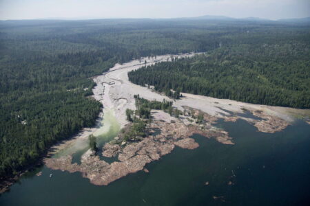 toxic sludge pours into Quesnel Lake after the 2014 Mount Polley mine disaster