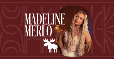 A photo of Madeline Merlo on a coloured background with an illustration of a moose