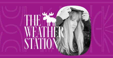 An image of musician Tamara Lindeman, known as The Weather Station, on a fuschia background with an illustration of a moose