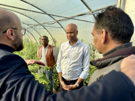 Minister Ahmed Hussen at a greenhouse in the Jordan Valley talking to two people