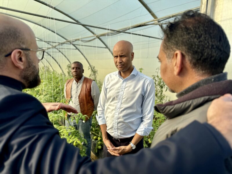 Minister Ahmed Hussen at a greenhouse in the Jordan Valley talking to two people