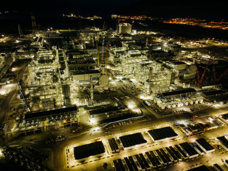 photo of the LNG Canada project in Kitimat, B.C., lit up at night