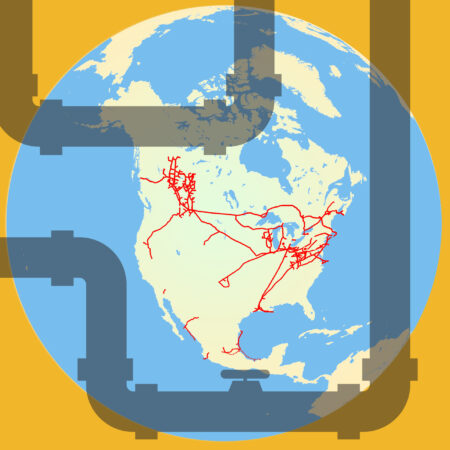Map of North America showing red lines indicating pipeline routes and an image of grey pipelines superimposed on top of the map.