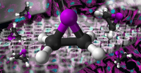A stylized image of an ethylene oxide molecule, made up of carbon, hydrogen and oxygen.