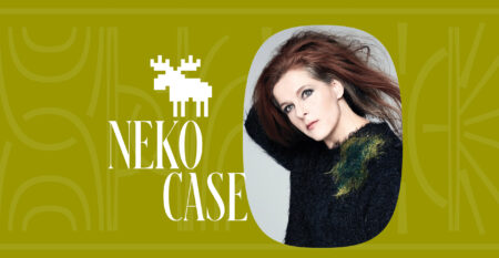 A photo of musician Neko Case on a chartreuse art deco background with a pixelated graphic of a moose.