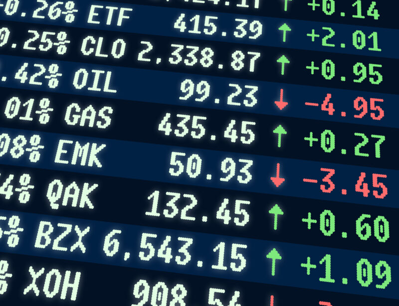 Mock stock market ticker with listings for "OIL" and "GAS" and others.