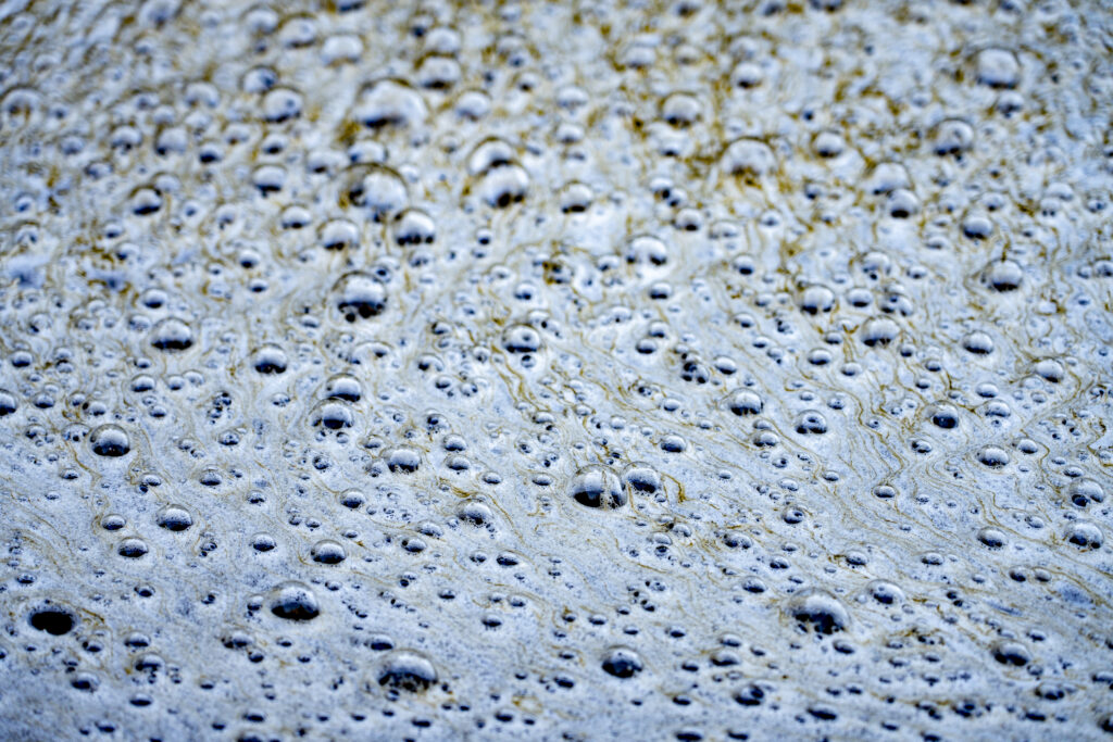 A slick of brownish foam and bumbles on the surface of water