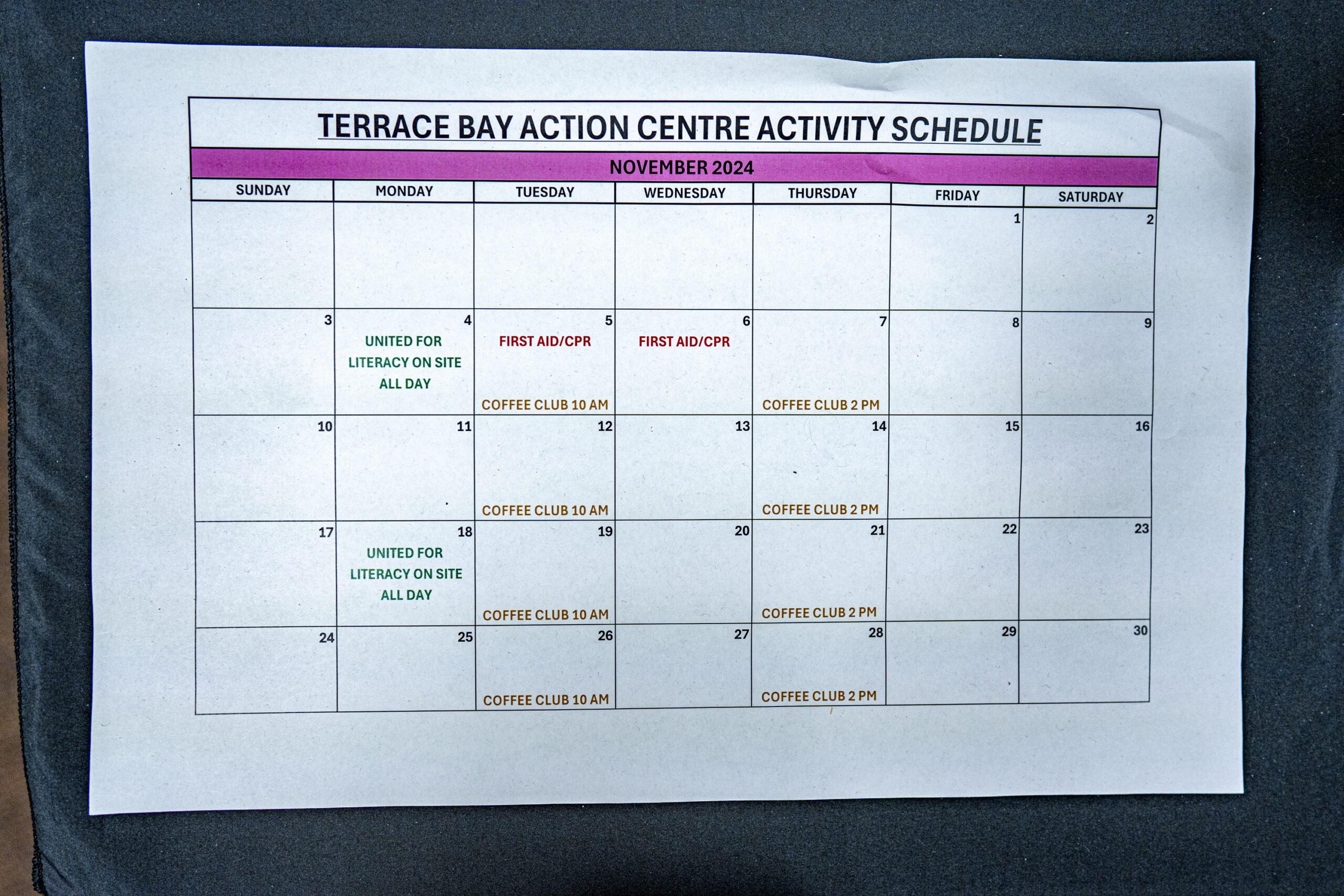 A printed calendar titled 'Terrace bay Action Centre Activity Schedule'