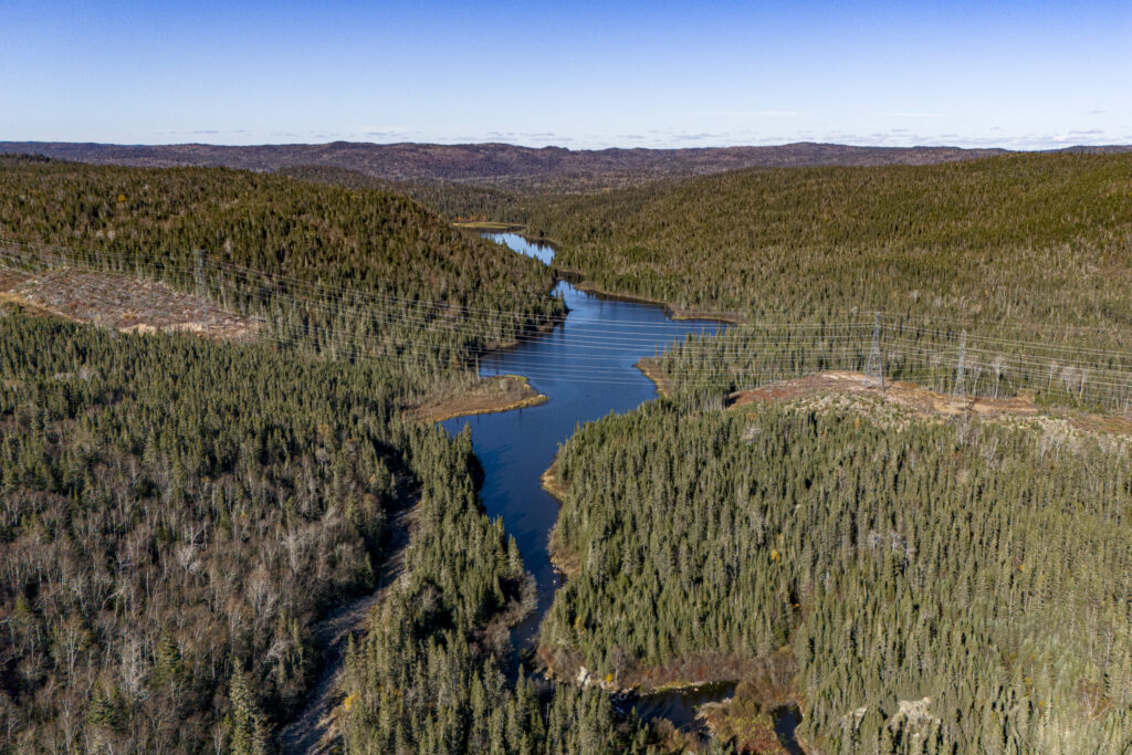 An aerial view of Blackbird Creek cutting through the boreal forest