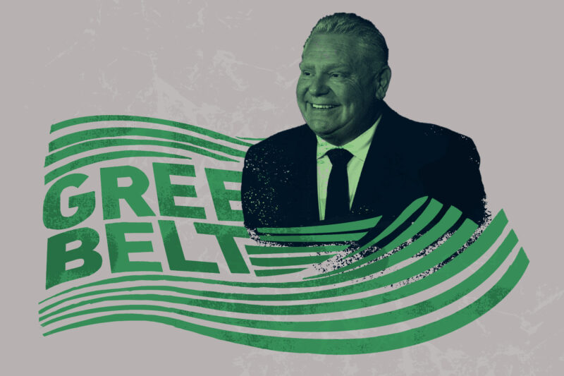 Greenbelt scandal: an illustration that includes a photo of Doug Ford shaded green, superimposed over the logo for Ontario's Greenbelt