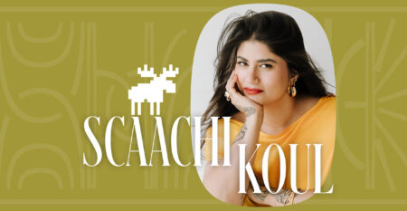 A photo of author Scaachi Koul in a chartreuse background with an image of a pixelated Moose