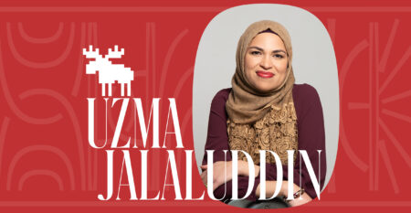 A photo of author Uzma Jalaluddin inside a red background with a pixelated image of a moose.