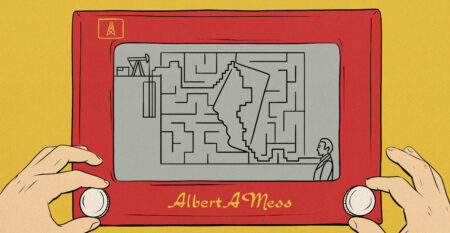 An illustration of an Etch-A-Sketch, with a drawing of a squiggly lines connecting a man on one side, with an oil well on the other and a map of Alberta in between them.