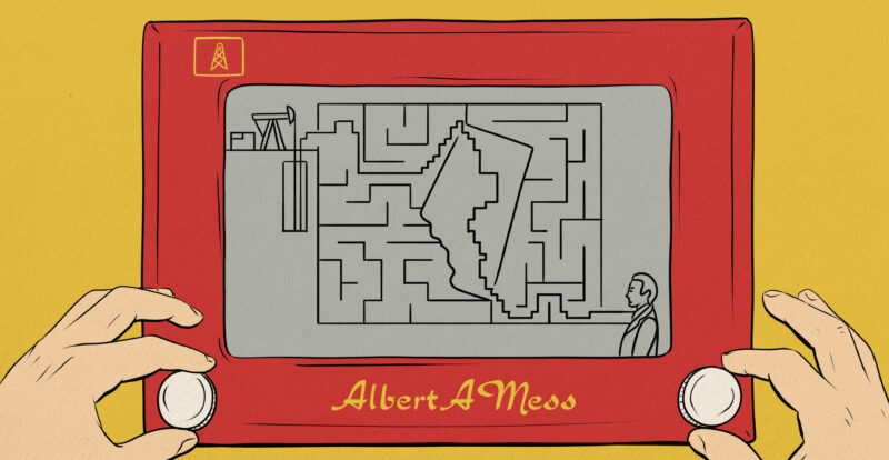 An illustration of an Etch-A-Sketch, with a drawing of a squiggly lines connecting a man on one side, with an oil well on the other and a map of Alberta in between them.