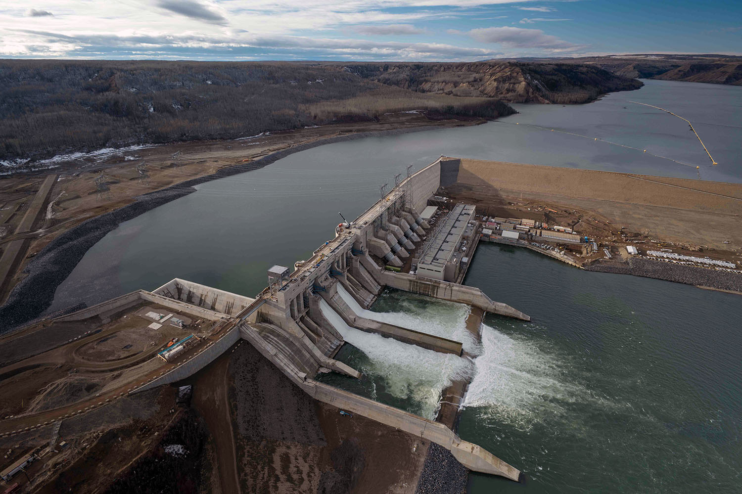 An overhead view of the Site C dam and reservoir