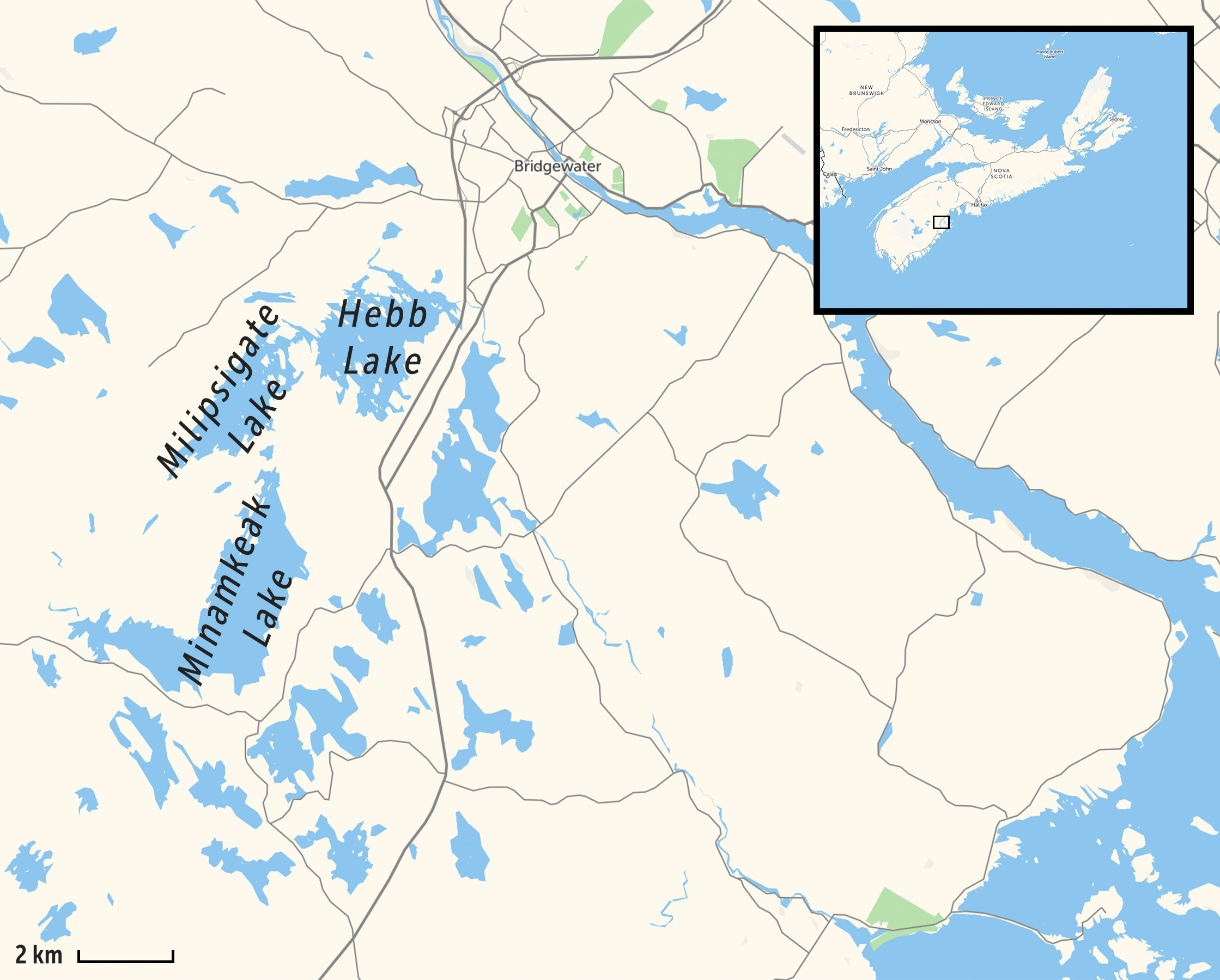 A map showing the location of Atlantic whitefish in Nova Scotia, located in three small lakes in the southern part of the province.