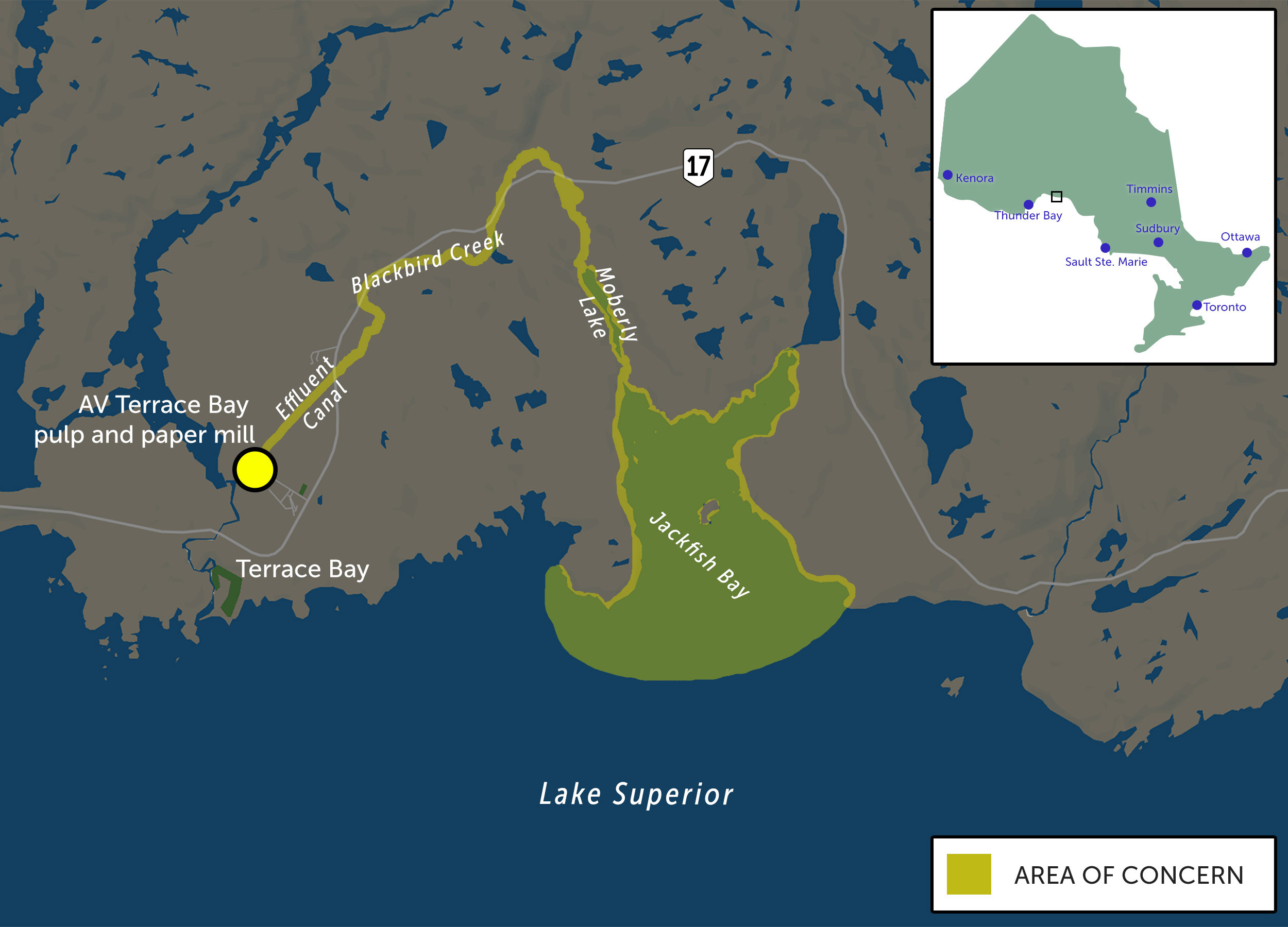 Map showing the north shore of Lake Superior including an Area of Concern at Jackfish Bay