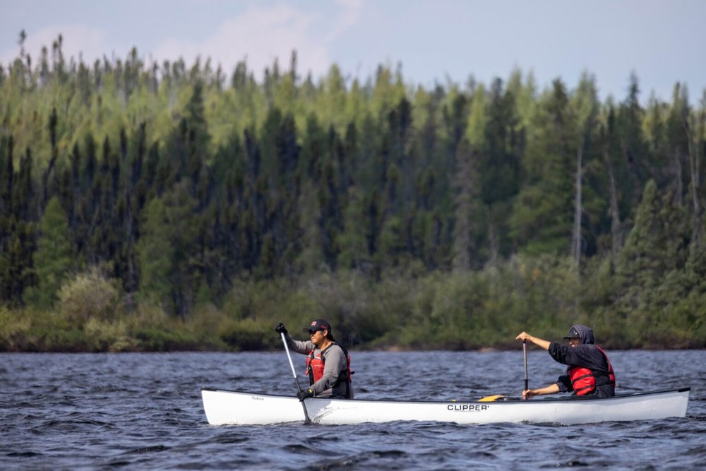 two people in ball caps paddle a canoe in a lake lined with coniferous trees