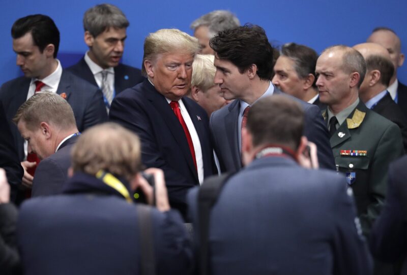 U.S. President Donald Trump, center left, and Canadian Prime Minister Justin Trudeau arrive for a round table meeting during a NATO leaders meeting at The Grove hotel and resort in Watford, Hertfordshire, England, Wednesday, Dec. 4, 2019.