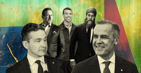 A photo collage of Canada's federal political leaders, from left to right: Pierre Poilievre, Yves-François Blanchet, Jonathan Pedneault, Jagmeet Singh and Mark Carney. Their black-and-white headshots are superimposed on top of a blue, green, red and gold banner.