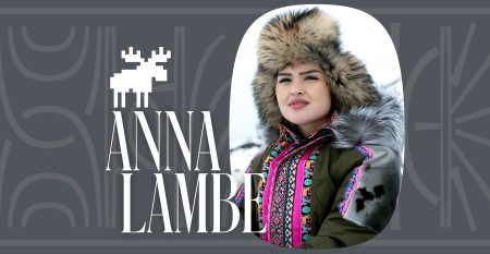 A photo of Inuk actress Anna Lambe in a fur hat and colourful sealskin parka, inset into a grey background with a pixelated image of a moose.