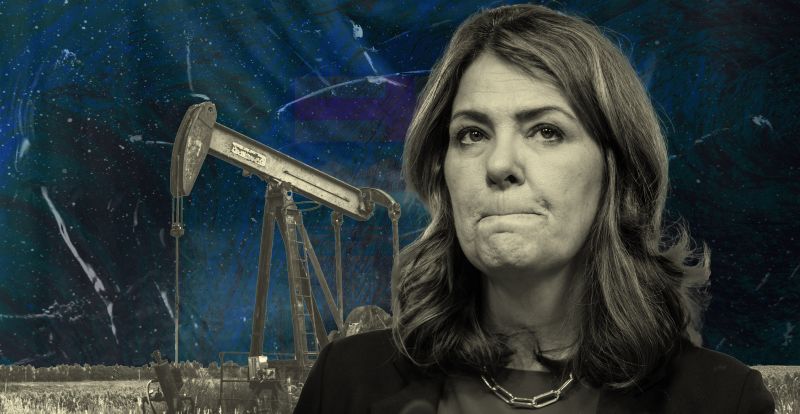 Alberta Premier Danielle Smith, with an oil derrick in the background,