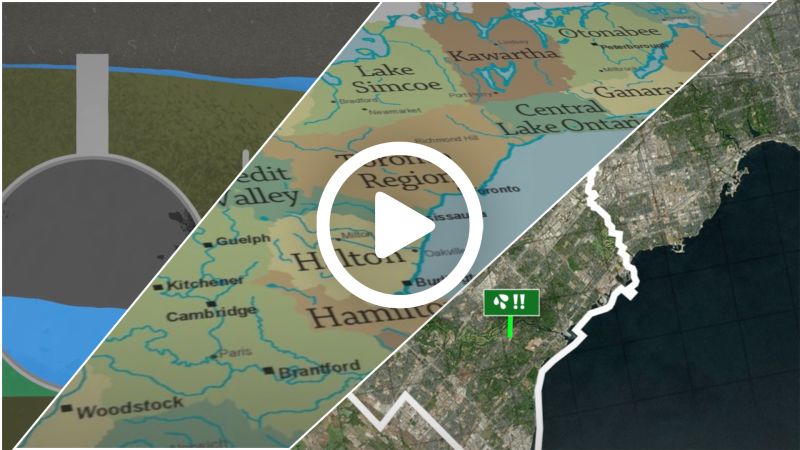 An illustration of flooding maps and illustrations from the explainer video, with a play button in the middle.