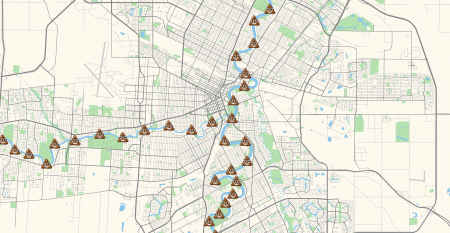 Gif of poop emojis in the rivers on a map of Winnipeg