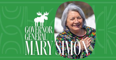 A photo of Governor General Mary Simon inset in a green background with an image of a pixelated moose.