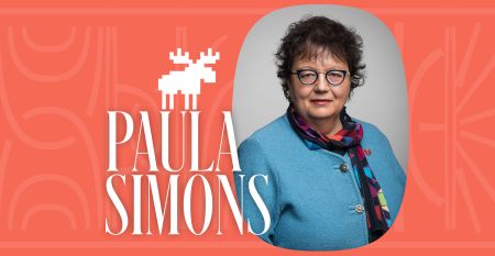 A photo of Alberta Senator Paula Simons inside an orange background with her name in white type and a pixelated image of a moose.