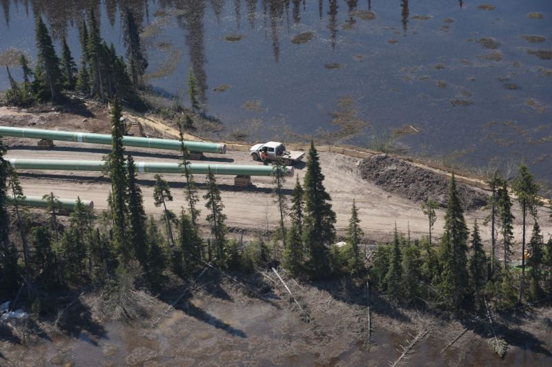 Pipeline segments lie amongst the trees with a pickup truck next to them.