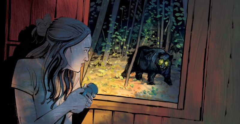 Illustration of a woman inside a cabin, shining a flashlight on a black bear outside her window