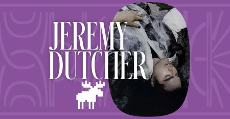 A photo of Jeremy Dutcher lying on a rock, with his face upside down, inside a purple background with his name and a pixelated image of a moose.
