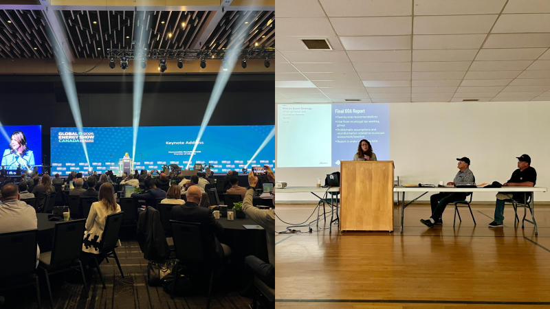 A collage of two images, one show Alberta Premier Danelle Smith onstage at the Global Energy Show, the other showing Rural Municipalities of Alberta president Kara Westerlund standing at a podium in the Warburg Community Hall.
