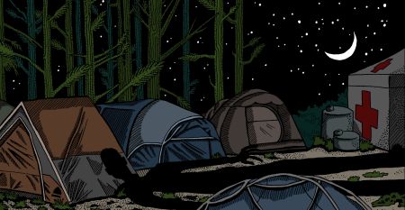 An illustration of a tree planters' tent camp in a forest at night, with a first aid tent to one side. A shadow looms over the tents, representing the threat of sexual violence.
